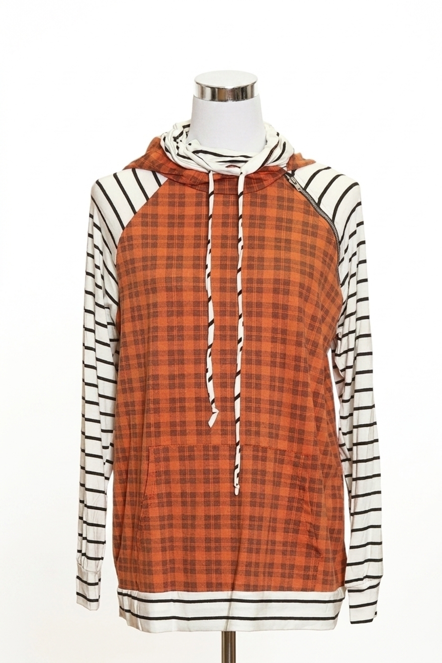 NEW HAPTICS women's pumpkin plaid stripe hoodie in orange